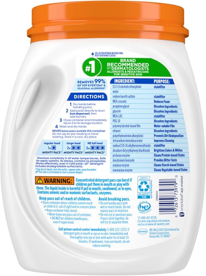 All Free Clear Advanced OXI Mighty Pacs Laundry Detergent Pacs Stainfighting Unscented and Hypoallergenic for Sensitive Skin 56 Count (Pack of 2)