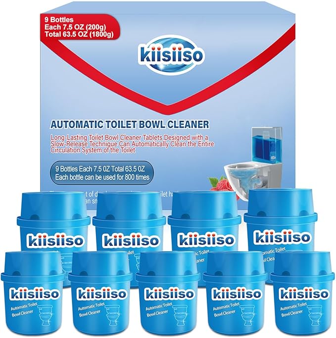 KIISIISO Toilet Bowl Cleaners-9 Bottles Blue Toilet Bowl Cleaner Tablets in Bottles with Sustained-Release Technology Upgraded Automatic Cleaning Solution Prevent Stain Build Up 63.5 oz