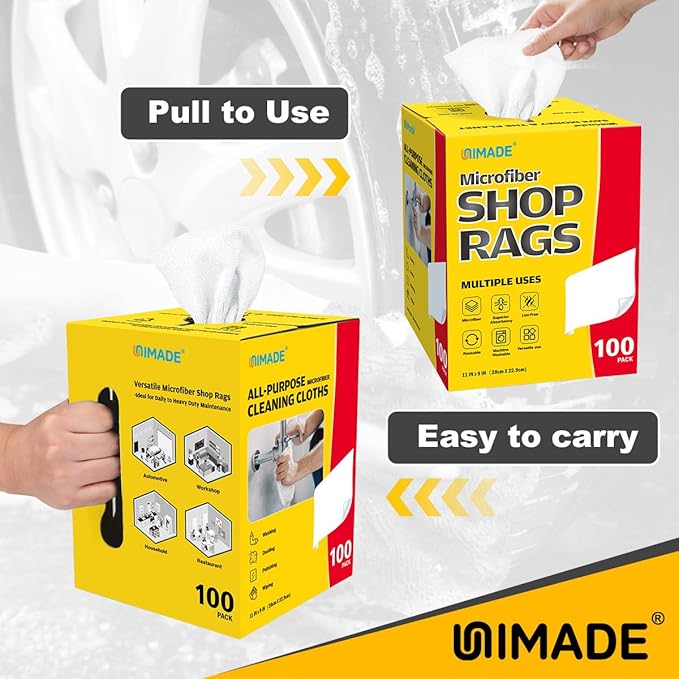 Shop Rags 100 Sheets Microfiber Cleaning Cloth Commercial Grade Washcloths Lint-Free Bulk Shops Towels for Cars Mechanic Restaurant Garage Housekeeping 11x 9 White
