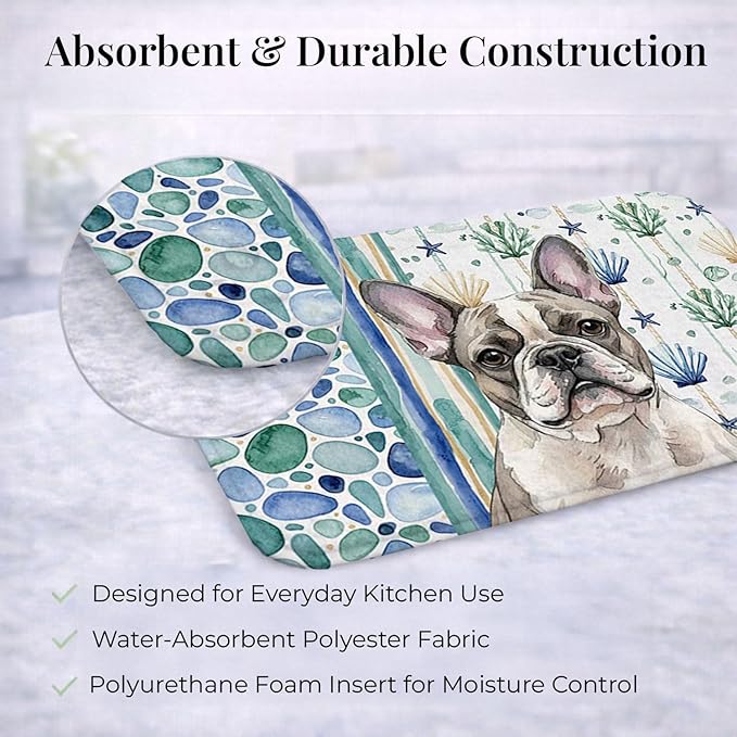 Caroline's Treasures Pied French Bulldog Coastal Sea Glass Dish Drying Mat Absorbent Dish Drying Mat Pad for Kitchen Counter Dish Drainer Mat for Countertop 14 x 21 Multicolor