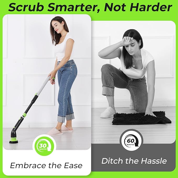 EasyScrub Cordless Electric Spin Scrubber - Powerful 350 RPM Cleaning with 4 Replaceable Heads Adjustable Extension Handle IPX7 Waterproof Ideal for Shower Tiles Tubs and Grout