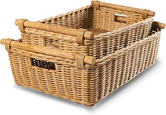 The Basket Lady Low Pole Handle Wicker Storage Basket Large 19.5 in L x 12.5 in W x 6 in H Sandstone