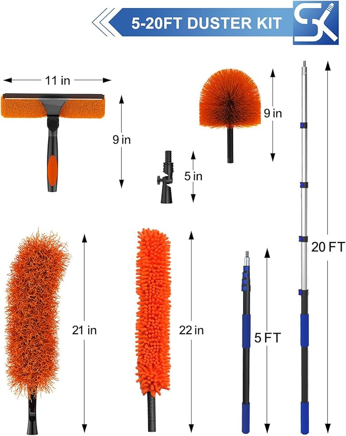 26 Foot High Reach Duster Kit with 5-20 ft Telescoping Extension Pole High Ceiling Duster Cobweb Duster Window Squeegee Feather Duster Outdoor &amp Indoor Extendable Duster Cleaning Kit