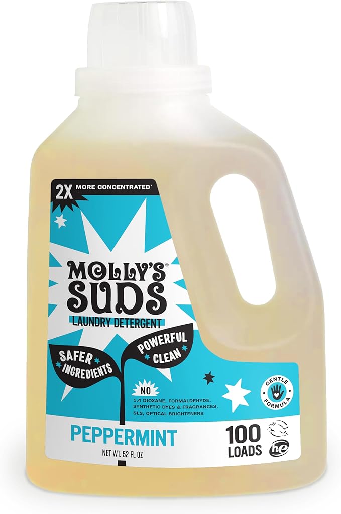 Molly's Suds Liquid Laundry Detergent | Clean Laundry Detergent Soap for Sensitive Skin | 2x Concentrated High Efficiency (HE) | Peppermint - 100 Loads