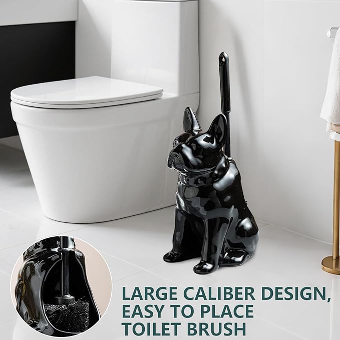 Toilet Brush Holder Set for Bathroom Cute Dog Base Solidly Toilet Bowl Brush Holder and Decorative Bathroom Ceramic Cleaning Kit with Brush and Holder (Black)