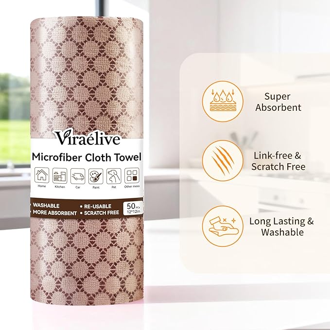 Microfiber Cleaning Cloth Roll 50-Count Reusable Durable Absorbent Lint-Free Non-Scratch Towels Dish Rags for Kitchen Home Window &amp Screens Paper Towel Alternative Brown Dot 12x12 in