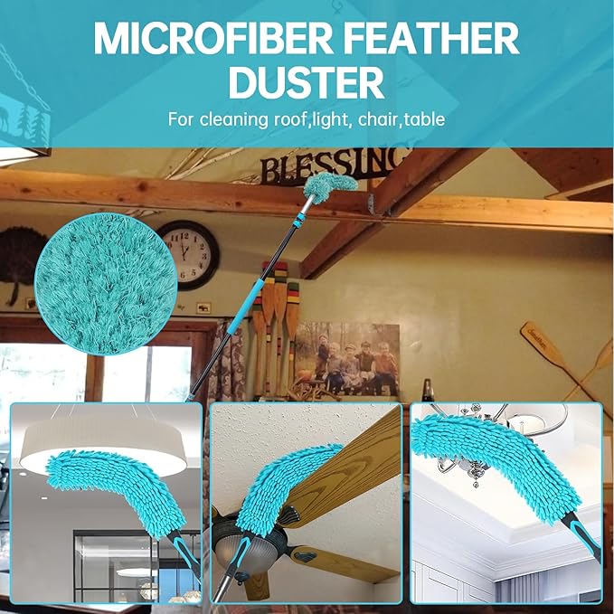 High Ceiling Duster Kits with 3-8ft Heavy Duty Extension Pole - Fan Blade Cleaner Cobweb Remover &amp Blue Window Squeegee Kit Washable Dust Brush and Glass Surfaces Skylight Shades Operating Hook