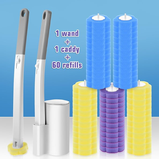 Disposable Toilet Brush Cleaning System with 60pcs Refills Pads Replacement Heads Toilet Cleaning Stick Wall Mounted Toliet Wand Kit Bathroom Maintenance Toilet Bowl Cleaner Wands Holder and Set