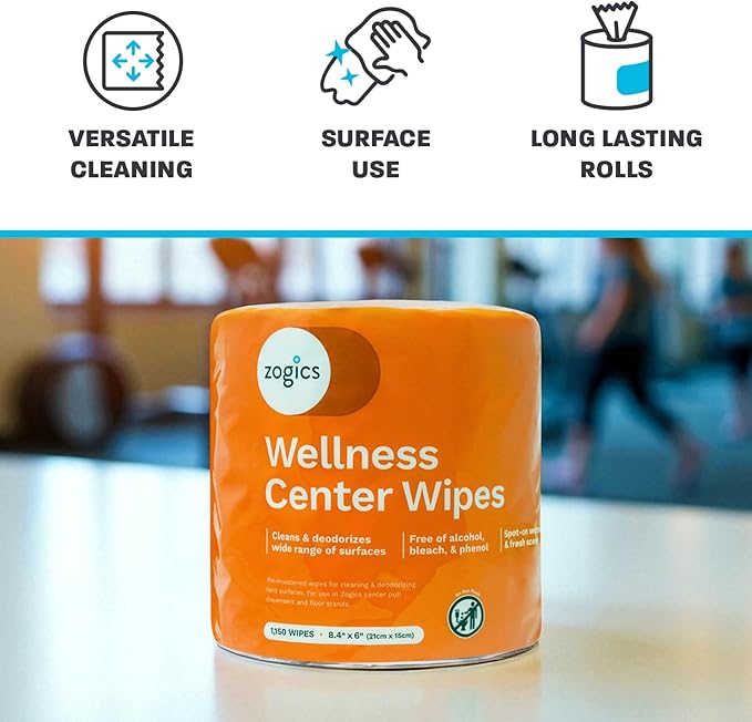 Zogics Wellness Center Cleaning Wipes – Gym Wipes for Cleaning Surfaces and Equipment Durable and Safe Pre-Saturated Wet Wipes (1 Roll of 1150 Wipes)
