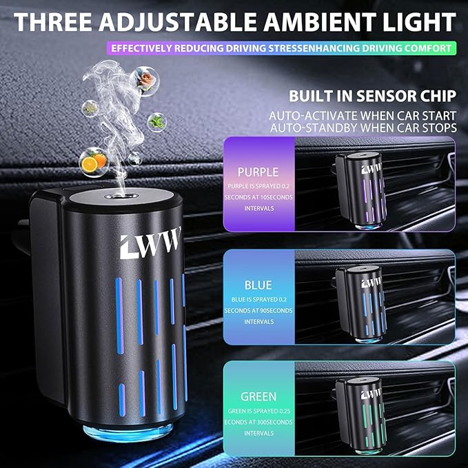 LWW Smart Car Air Freshener Diffuser Rechargeable Car Aroma Diffuser with 3 Spray Modes &amp Color Light Long Lasting Auto Scent Diffuser with 8 Essential Oils for Car Home Office Black
