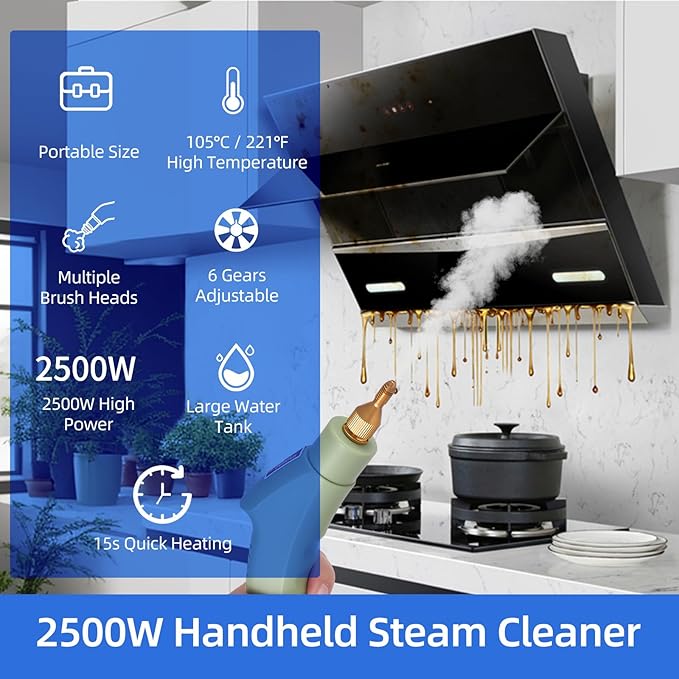 2500W High Pressure Steam Cleaner High Temperature Pressurized Steam Cleaning Machine 1100ml 3 Bar Portable Handheld Steam Cleaners with 3 Brush Heads for Home Use/Car Detailing Green