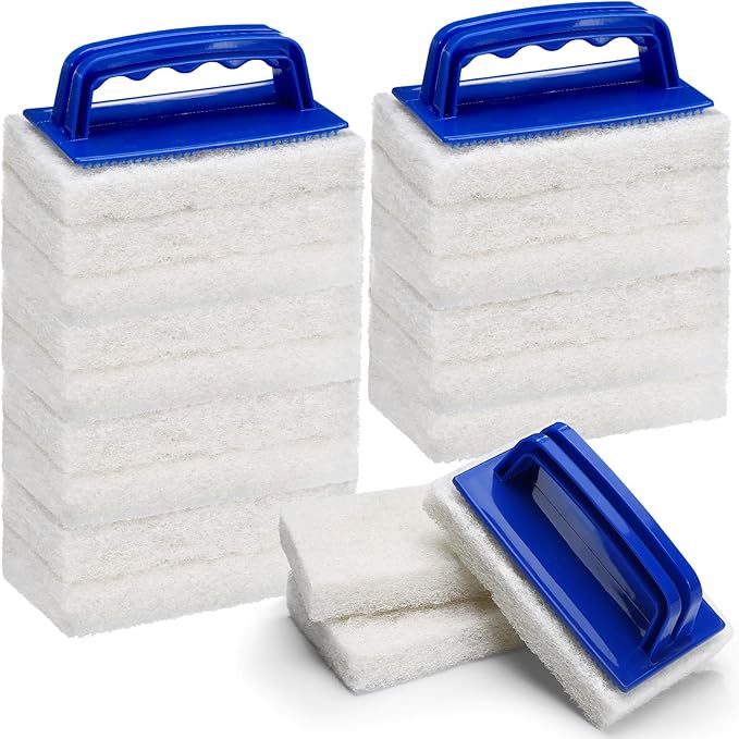Maxdot 18 Pcs Handled Bath Scrubber Set 15 Bathroom Scouring Pad 3 Bathtub Scrubber with Handle Non Scratch Soap Scum Remover for Cleaning Sink Shower Tile Swimming Pool Step Corner(Blue and White)