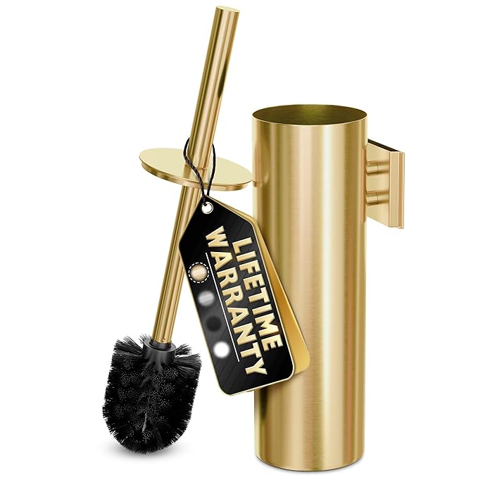 Gold Toilet Brush and Holder Set with Wall Mount - Modern Wall Mounted Toilet Brush Made from Corrosion-Resistant Stainless Steel - Removable Inner Bowl Splash Protection &amp Dense Bristles Supplie