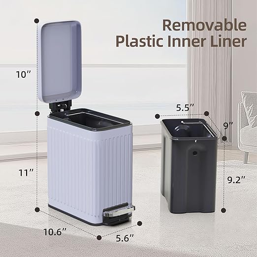Slim Bathroom Trash Can with Lid Soft Close 1.6 Gallon Stainless Steel Garbage Can with Removable Inner Bucket Durable Step Pedal Small Trash Bins for Toilet Bedroom Kitchen Grey