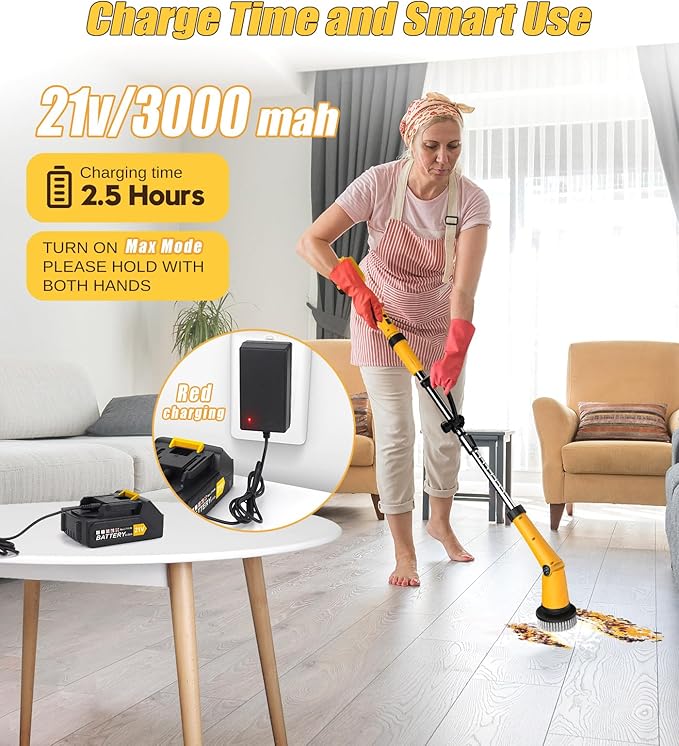 Qimedo Electric Spin Scrubber Extra Large Brush Q36000 mAh Best Battery Power Scrubber for Cleaning1200RPM Shower Cordless Cleaning Brush with 8 Brushes for Bath/Tub/Tile/Floor (Smart Display)