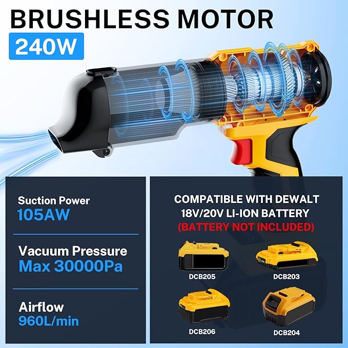 YEX-BUR Cordless Handheld Vacuum for Dewalt 20V Battery(Tool Only) 240W Powerful Car Vacuum with Brushless Motor 3-Speed 5 Filters Portable Vacuum Cleaner for Home Office Car Pet