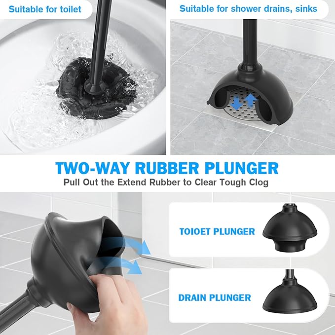 Toilet Plunger and Brush Set 2 Pack Bowl Brush and Heavy Duty Toilet Plunger with Ventilated Holder 2-in-1 Toilet Brush and Plunger Combo for 5.3-inch Toilet Drain Bathroom Deeply Cleaning(Black)