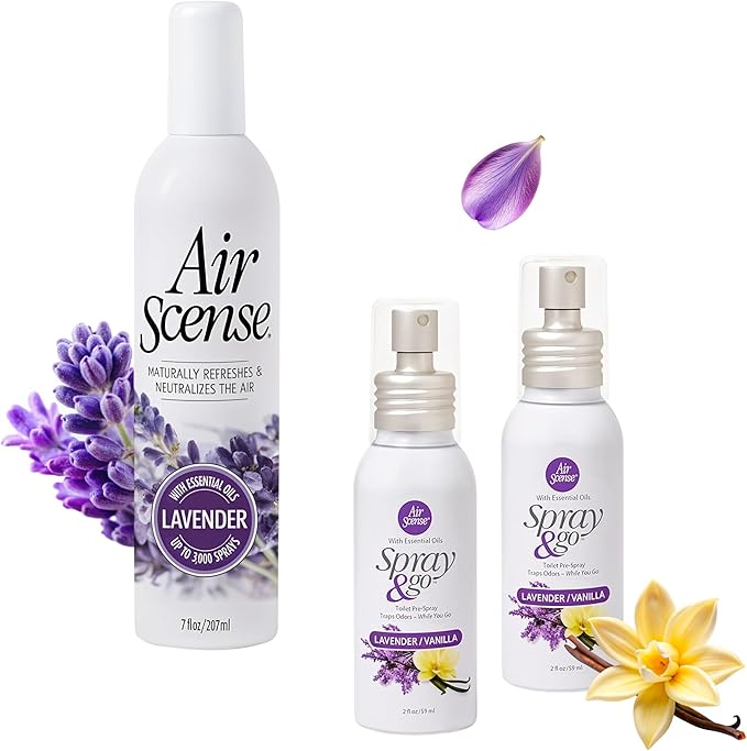 Air Scense Essential Oil Air Freshener Non-Aerosol 3-PK (Lovely Lavender Bundle) 1ea 7oz Lav and 2ea Lav/Van Spray &amp Go
