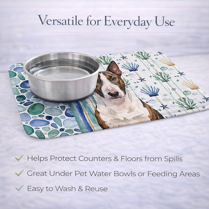 Caroline's Treasures Brindle and White Bull Terrier Coastal Sea Glass Dish Drying Mat Absorbent Dish Drying Mat Pad for Kitchen Counter Dish Drainer Mat for Countertop 14 x 21 Multicolor