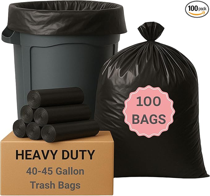 40-45 Gallon Trash Bags Heavy Duty 100 Count Bulk (40'' x 46'') | Black Large Trash Bags 40+ 45 Gallon | Multipurpose for Office Outdoor Recycling Industrial and Commercial
