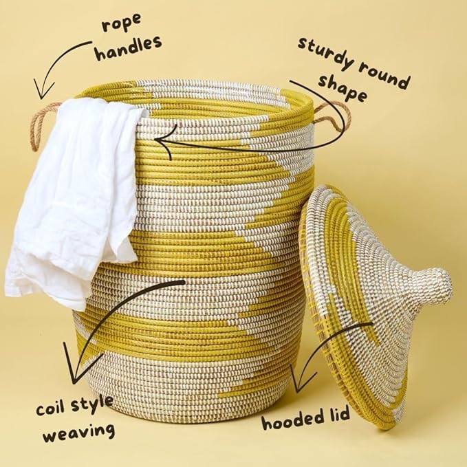 Yellow White Baskets with Lids Living Room Blankets Storage Laundry Hamper Nursery Toys Bin Decorative Wicker Sturdy Round Handles Hooded Lid Woven (Large)