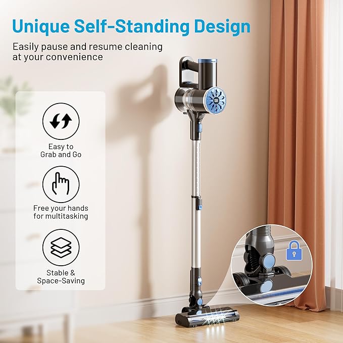Cordless Vacuum Cleaner with Self-Standing LED Screen Stick Vacuum Cleaners for Home Lightweight Powerful Suction Vacuum 6-in-1 Rechargeable Vacuum for Carpets Pet Hair Hardwood Floors
