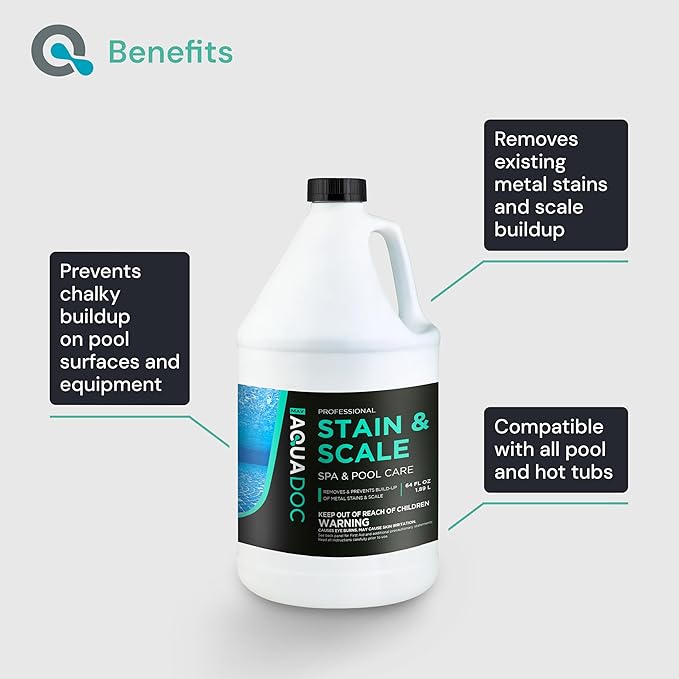 AquaDoc Pool &amp Spa Stain and Scale Control for Hot Tubs - 64oz - Pool Stain Remover That Helps Prevent &amp Remove Calcium Iron Copper &amp Rust Buildup - Made in USA