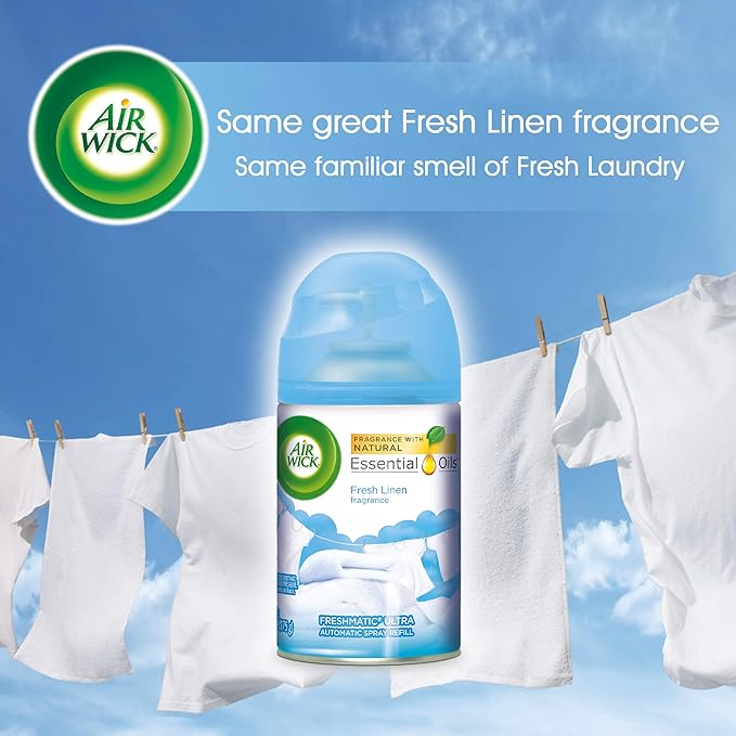 Air Wick Freshmatic 4 Refills Automatic Spray Fresh Linen 4ct New Look Same familiar smell of Fresh Laundry Essential Oil Odor Neutralization Packaging May Vary