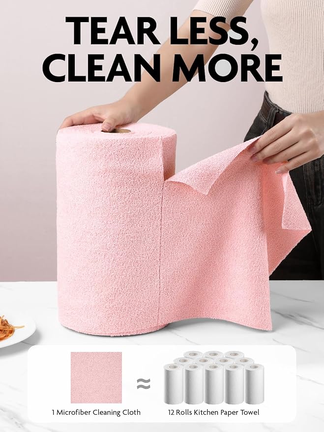 Fantasticlean Microfiber Cleaning Cloth Roll -40 Pack Tear Away Microfiber Towels 12 x 12 Reusable Washable Lint Free Ultra Absorbent Dishcloth for Car Pet Kitchen Cleaning Supplies (Pink)