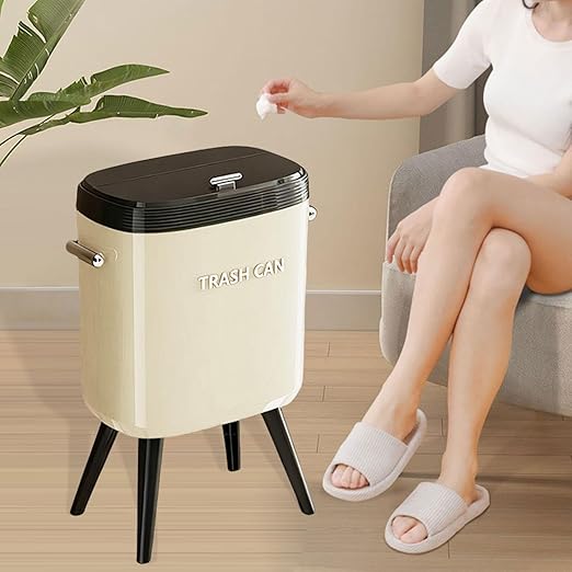 Garbage Can with Legs Dustbin High Foot 15L Large Capacity Household No Bending Wastebasket for Office Bedroom Kitchen Toilet White