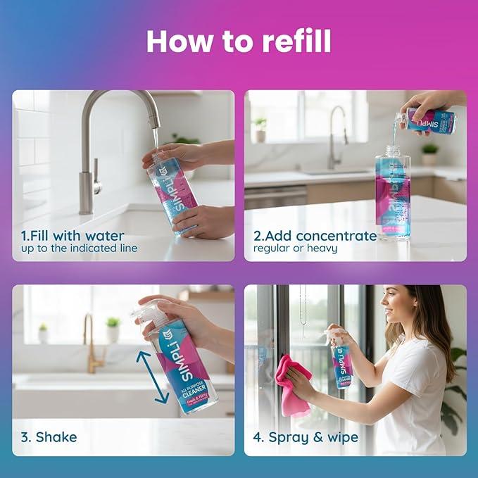 SIMPLi All Purpose Cleaner Starter Kit – Multipurpose Cleaner Concentrate Refill 8.45 fl oz Makes 85 fl oz + Reusable Spray Bottle 17 fl oz – Surface Cleaner for Kitchen Bathroom Glass Floor