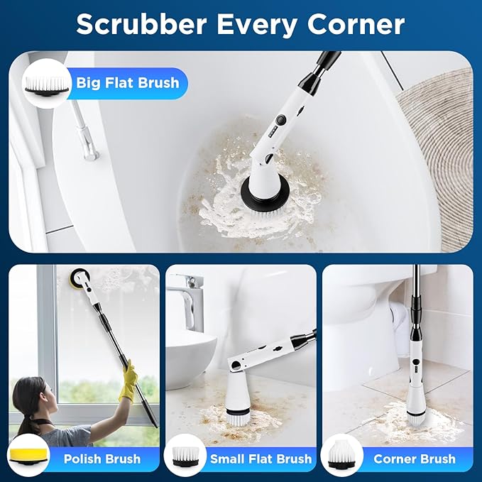 Electric Spin Scrubber Bathroom Cleaner Power Shower Cleaning Brush with Extendable Handle &amp 4 Brush Heads Shower Scrubber for Bathtub Tile Grout Kitchen Window and Floor