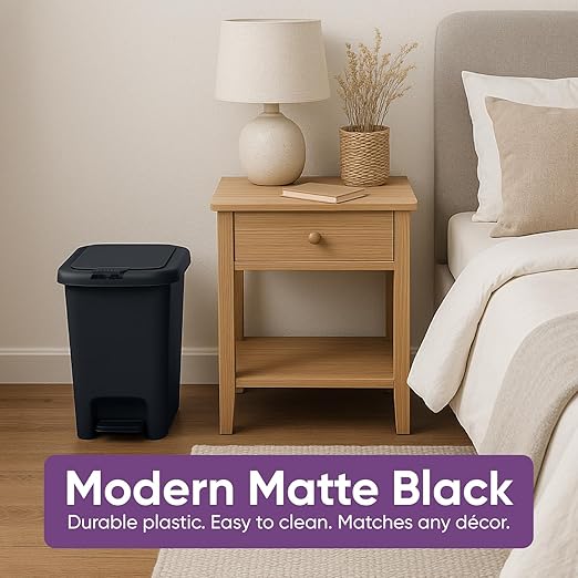 Superio 6.5L 10L and 48L Slim Step &amp Push Trash Cans - 3 Pack Dual Opening Smooth Matte Finish Durable Plastic - Black