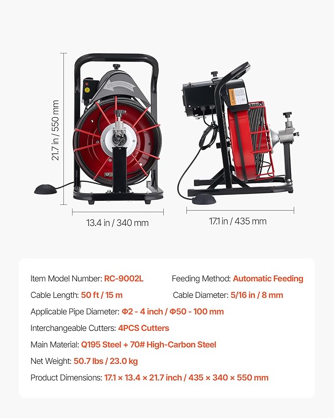VEVOR Drain Cleaner Machine 50 FT x 5/16 Inch Auto Feed Sewer Snake Auger with 4 Cutters &amp Air-Activated Foot Switch for 2 to 4 Pipes