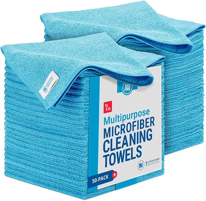 Microfiber Wholesale 16 x 16 All Purpose Towels - 50 Pack - Reusable Wash Cloths Dust Kitchen Car Shop Rags for Cleaning (Blue)