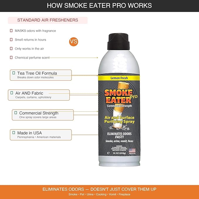 Smoke Eater Pro 16 oz Odor Eliminator Spray — Commercial Strength for Smoke Pet Urine and Cooking Odors — Air and Fabric Deodorizer with Tea Tree Oil — Made in USA (Lemon Fresh)