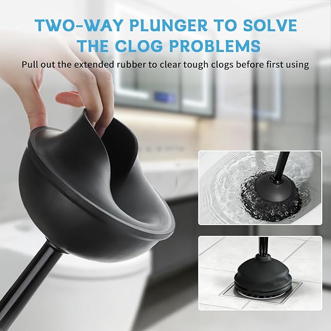Sellemer Toilet Brush and Plunger Set Curved Design Head for Deep Cleaning Heavy Duty Toilet Bowl Brush and Plunger Combo with Holder for Bathroom Cleaning Black 1 Pack