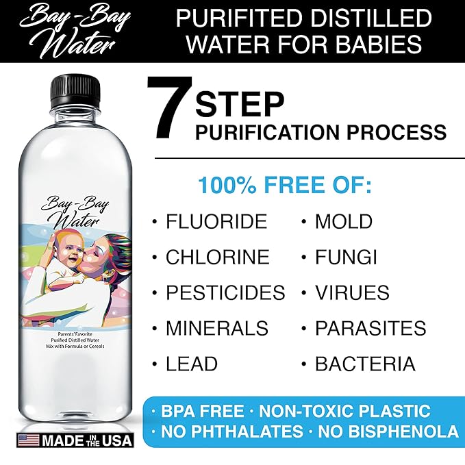 Bay Bay Water - Purified Distilled Water for Babies - 16.9 oz. - Use for Everyday Drinking Infant Formula Milk and Baby Cereal - BPA Free - No Fluoride Phosphate - Prevent Mineral Overload - (24)