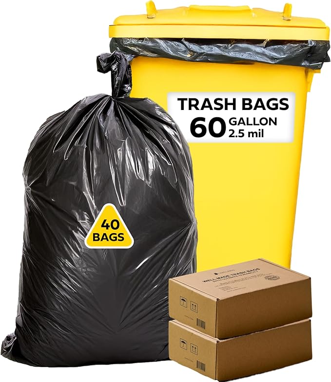 Lime Linen 60 Gallon Heavy Duty Contractor Xl Black Garbage Bags | Industrial Construction &amp Yard Waste | Tear Resistant | 40 Pack Extra Thick 2.5 Mil Tie Bags Interleaved On Roll Secure Closu