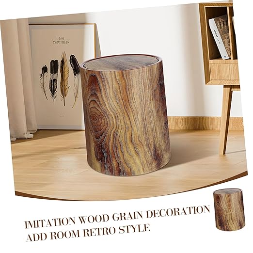 Zerodeko Imitation Wood Grain Trash Can with Swing Lid Multipurpose Round Wastebasket for Bathroom Kitchen Home Office Bedroom Large Capacity Easy to Clean Household Garbage Bin