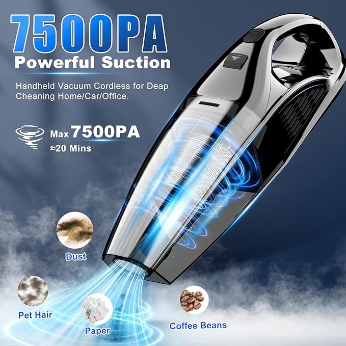 Handheld Vacuum Cordless Rechargeable Portable Car Vacuum 7500Pa Powerful Suction Mini Hand Held Vacuum 670ML Cup Lightweight Small Vacuum Cleaner for Car/Office/Home Pet Hair