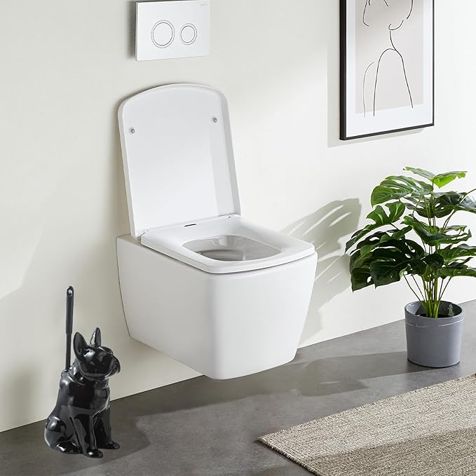 Comeon Ceramic Dog White/Black Toilet Brush and Holder Set Plastic Handled Scrub Brush for Bathroom Cleaning13.7*6.3 (Black)