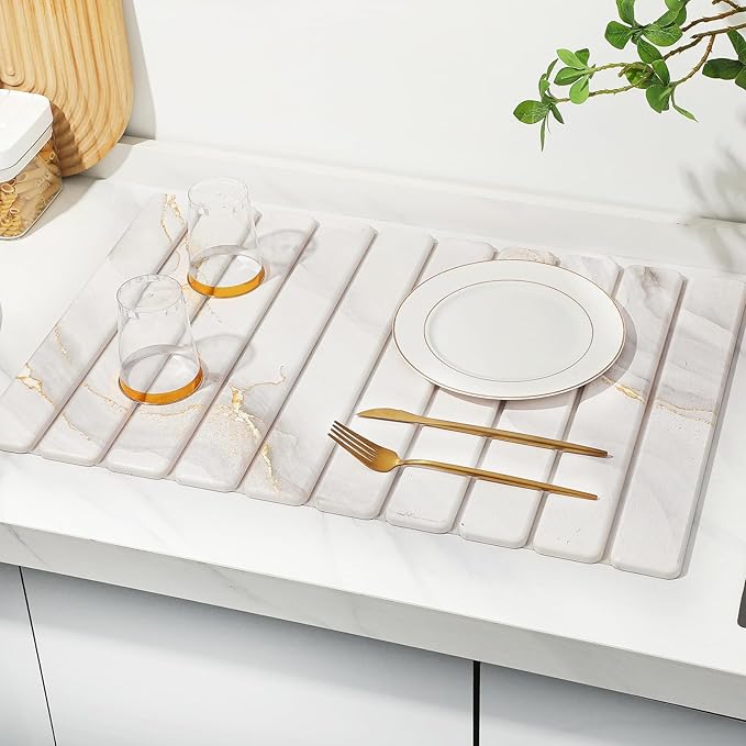Large Stone Dish Drying Mat for Kitchen CounterQuick Dry Stone Dishes MatsMarbled Water Absorbing Diatomaceous Earth Drying Pad for Countertop Bottles Utensils Cups(Yellow White 24x16&amp8x4)