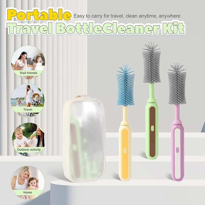 Electric Baby Bottle Brush Cleaner 5-in-1 Travel Kit with Storage Bag Food-Grade Silicone Long Battery Life Portable Baby Bottle Cleaner Brush Set Ideal Gift for Parents &amp Babies (Purple)