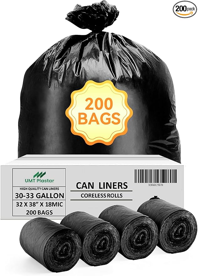 200 Count Heavy Duty Black Trash Bags 30-33 Gallon 32 x 38 Inch Large Garbage Bags 18 Micron Thick Strong Leak-Resistant Tall Kitchen &amp Outdoor Garbage Bags for Home Kitchen Office Lawn