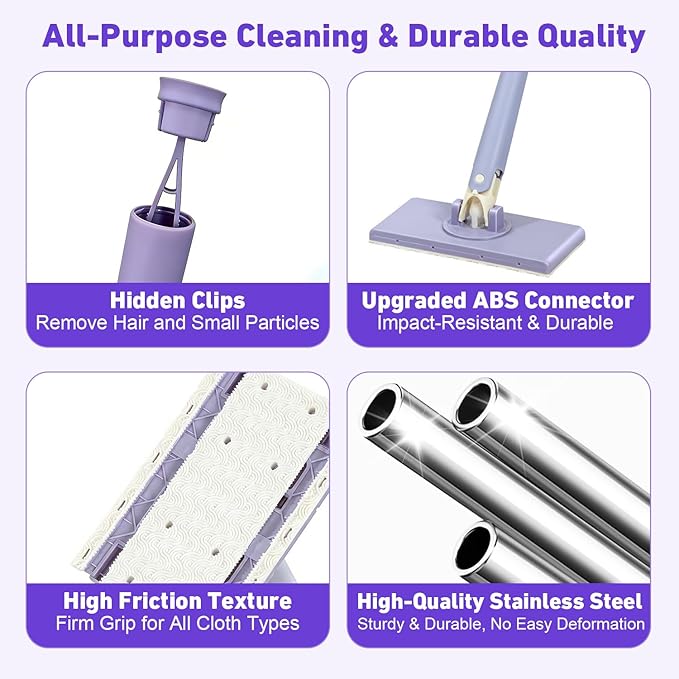 Snap Grip Mini MopCloth Changing Mini Mop 44.5 inch Lazy Automatic Gripping Zero Touch Grip-Mops Compatible with Swiffer &amp Face Towels 360 Rotating Mops for Whole House Cleaning (2 Face Towels)