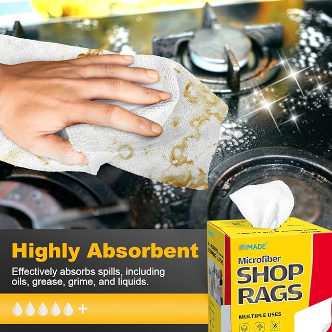 Shop Rags 100 Sheets Microfiber Cleaning Cloth Commercial Grade Washcloths Lint-Free Bulk Shops Towels for Cars Mechanic Restaurant Garage Housekeeping 11x 9 White