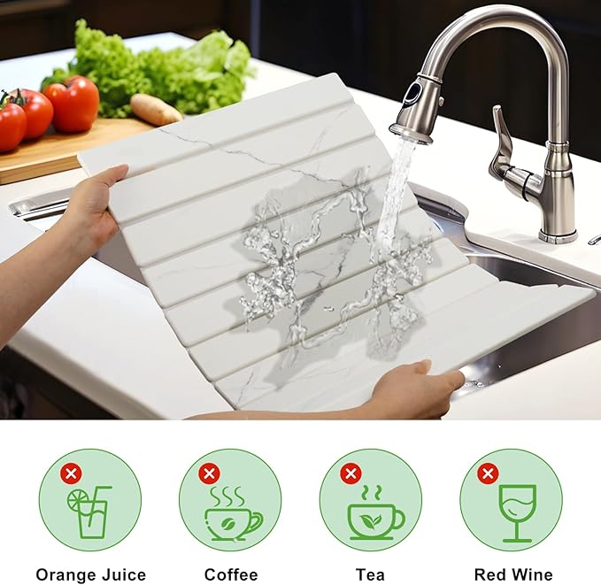 Large Stone Drying Mat for Kitchen Counter - 24x16Quick Drying Fast Absorbent Non-Slip kitchen Dish Drying Mats Friendly Foldable Diatomaceous Earth Mats for Dishes CupsMatch Any Countertop
