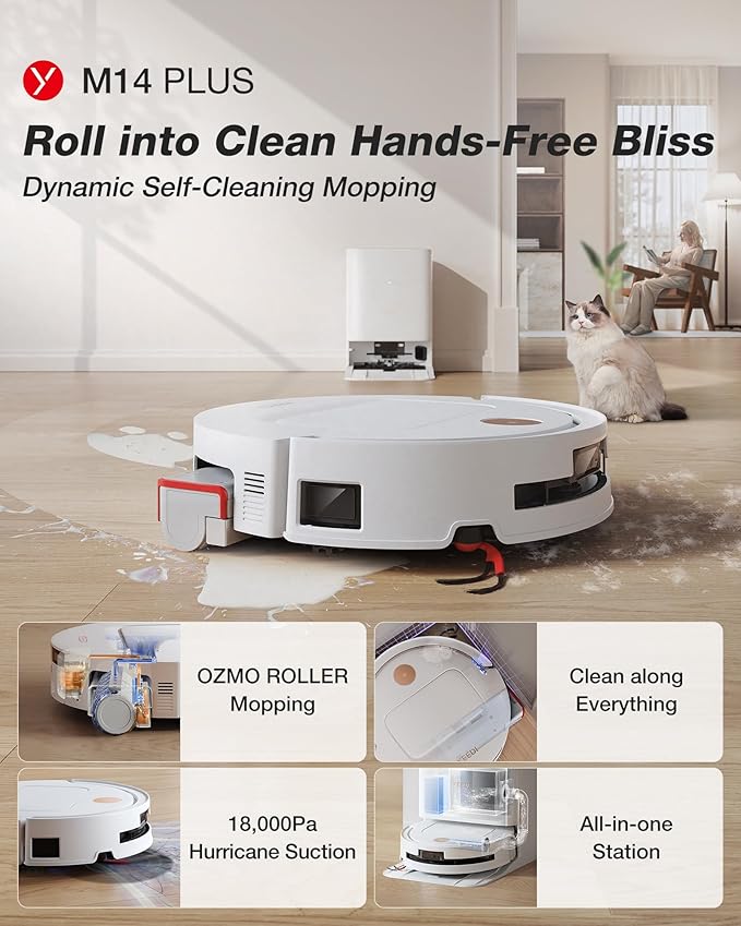 Yeedi M14 Plus Robot Vacuum and Mop with All-in-One Station 18000Pa OZMO Roller Instant Self-Washing Mopping 167℉ Hot Water Mop Washing &amp Self-Drying ZeroTangle 3.0 Self-Emptying White