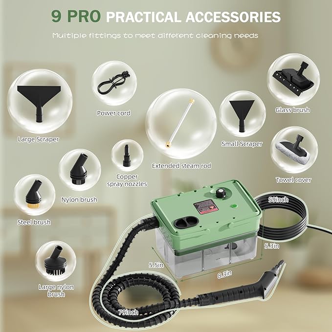 Handheld Steam Cleaner 2500W10s Fast Heat-Up &amp 50.73OZ Large TankPressurized Portable Steamer with 9 Accessories for HomeCarKitchenBathroomFloorsGroutTileUpholstery